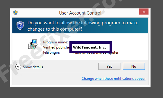 Screenshot where WildTangent, Inc. appears as the verified publisher in the UAC dialog